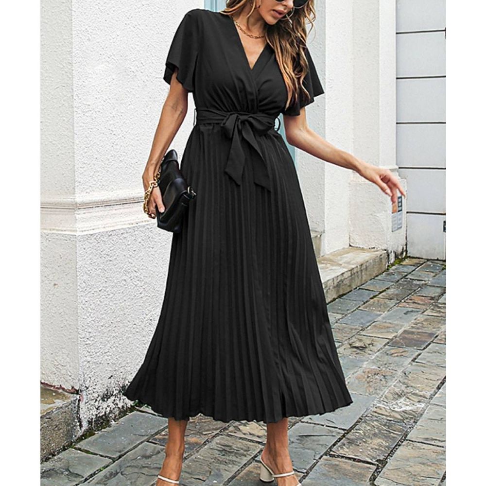 Lapentry Black Tie-Waist Pleated-Skirt Midi Length Dress Size XL